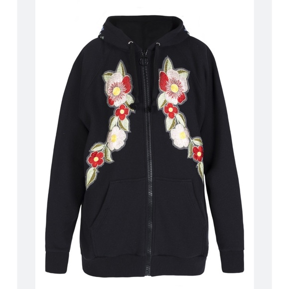 Gucci Black & Multicolor Floral Embroidered Cotton Zip-Up Hoodie - Picture 1 of 14